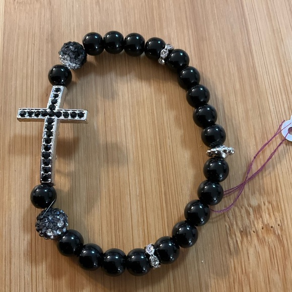 Hand Crafted Bracelet Black with Rhinestone Cross Pave Beads Stretch Unisex - Picture 1 of 7